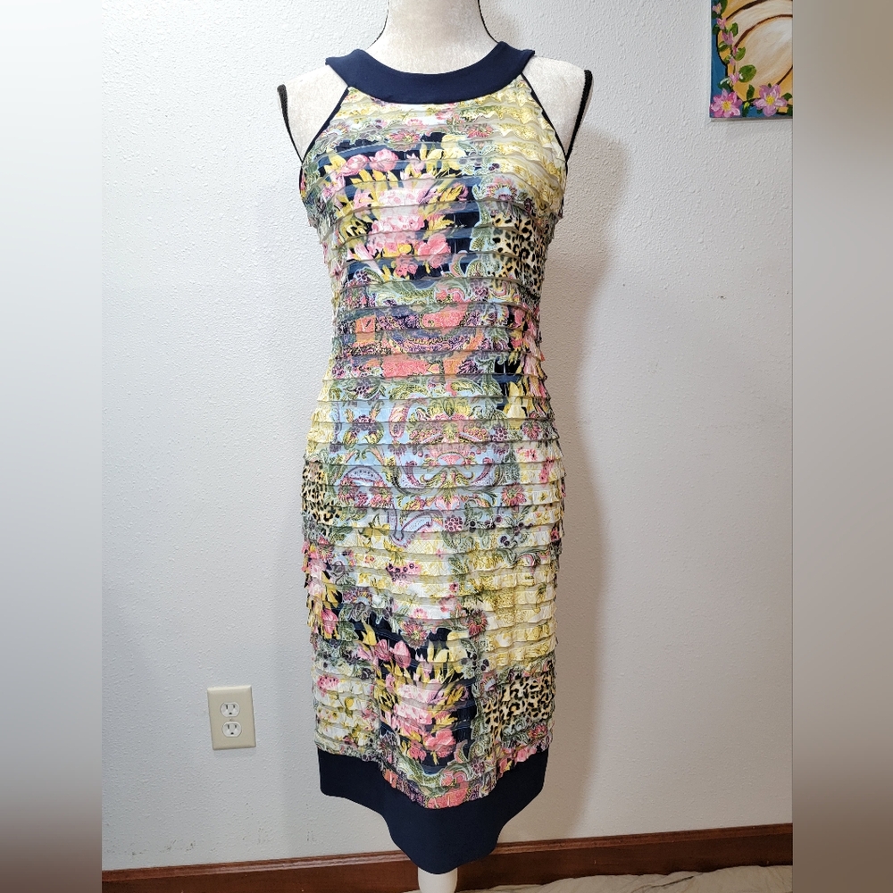 Joseph Ribkoff Women’s Dress US Size 10 Bodycon Halter Ruffles Floral Abstract